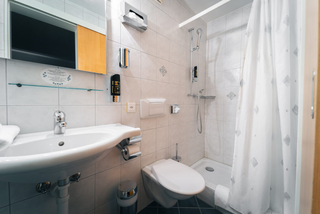 Bathroom of the single room with toilet and shower at Hotel Alpina Brigels