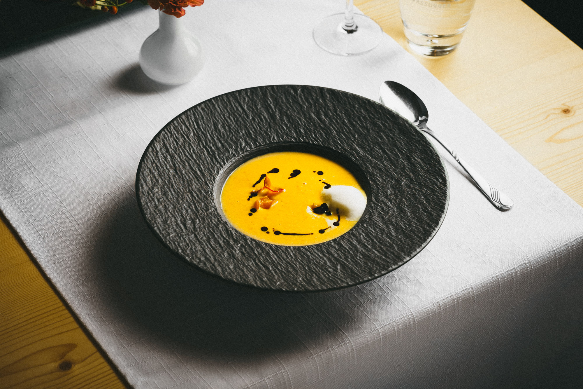 Restaurant dish: Pumpkin cream soup "Alpina style" with pumpkins from our own garden