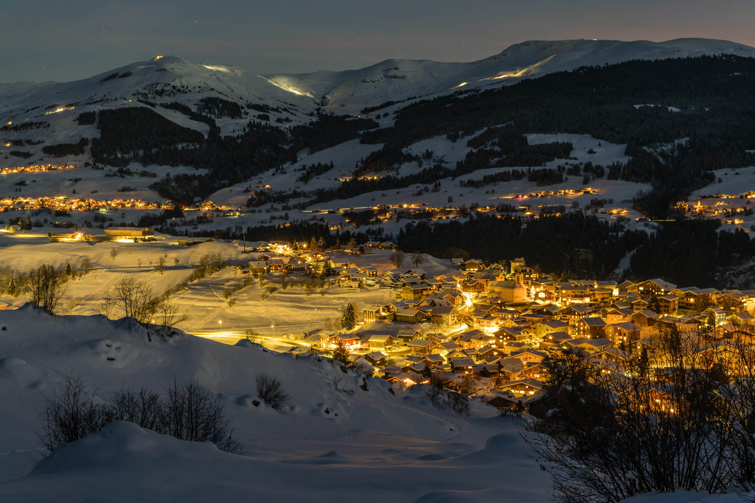 The village of Brigels on a beautiful winter evening