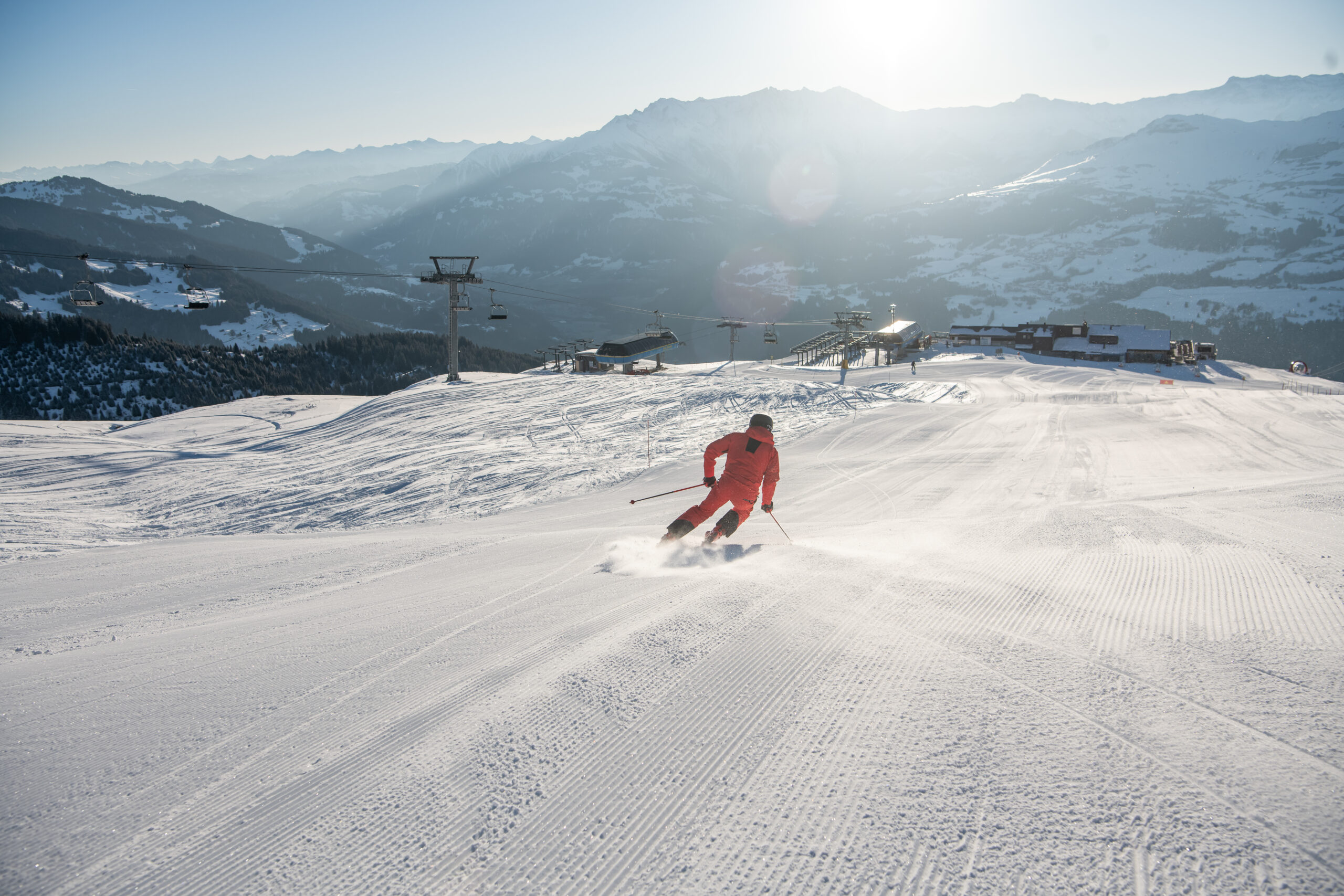 Skiing on the wide, almost empty slopes in Brigels
