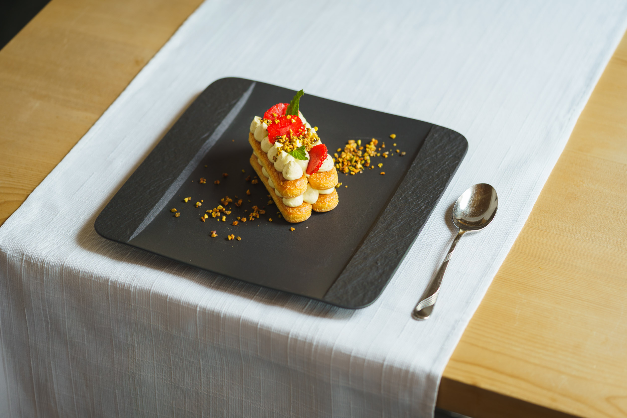 Restaurant: Strawberry tiramisu with strawberries from our own garden